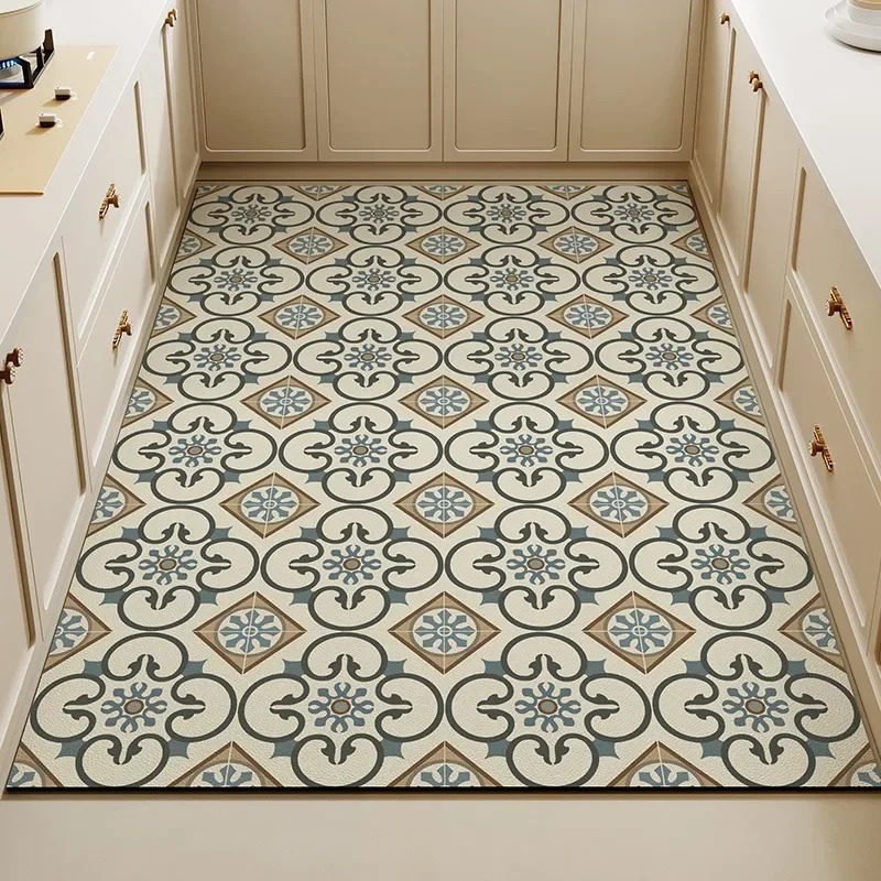 Commercial Kitchen Tile Flooring - Vintage keukenvloermat met bloementegels, antislip decoratief