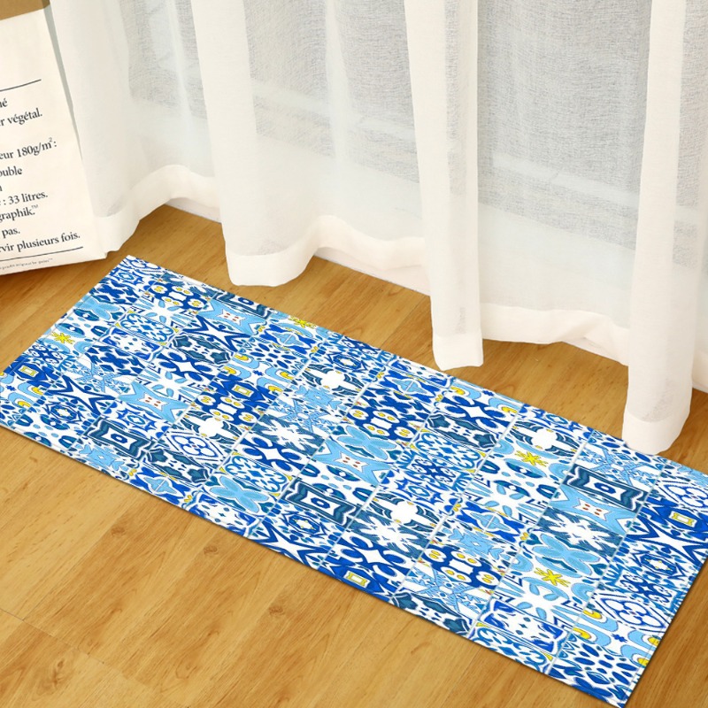 Commercial Kitchen Tile Flooring - Lang tapijt mediterrane blauw-witte tegelpatroon antislip